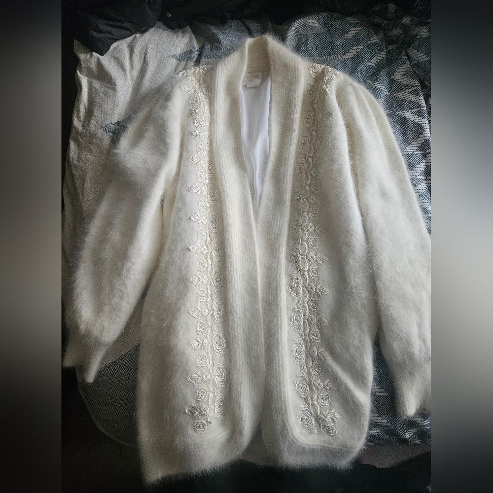 Vintage 80s Angora Rabbit Oversized Floral Beaded Cardigan (XS-M). Luxe.